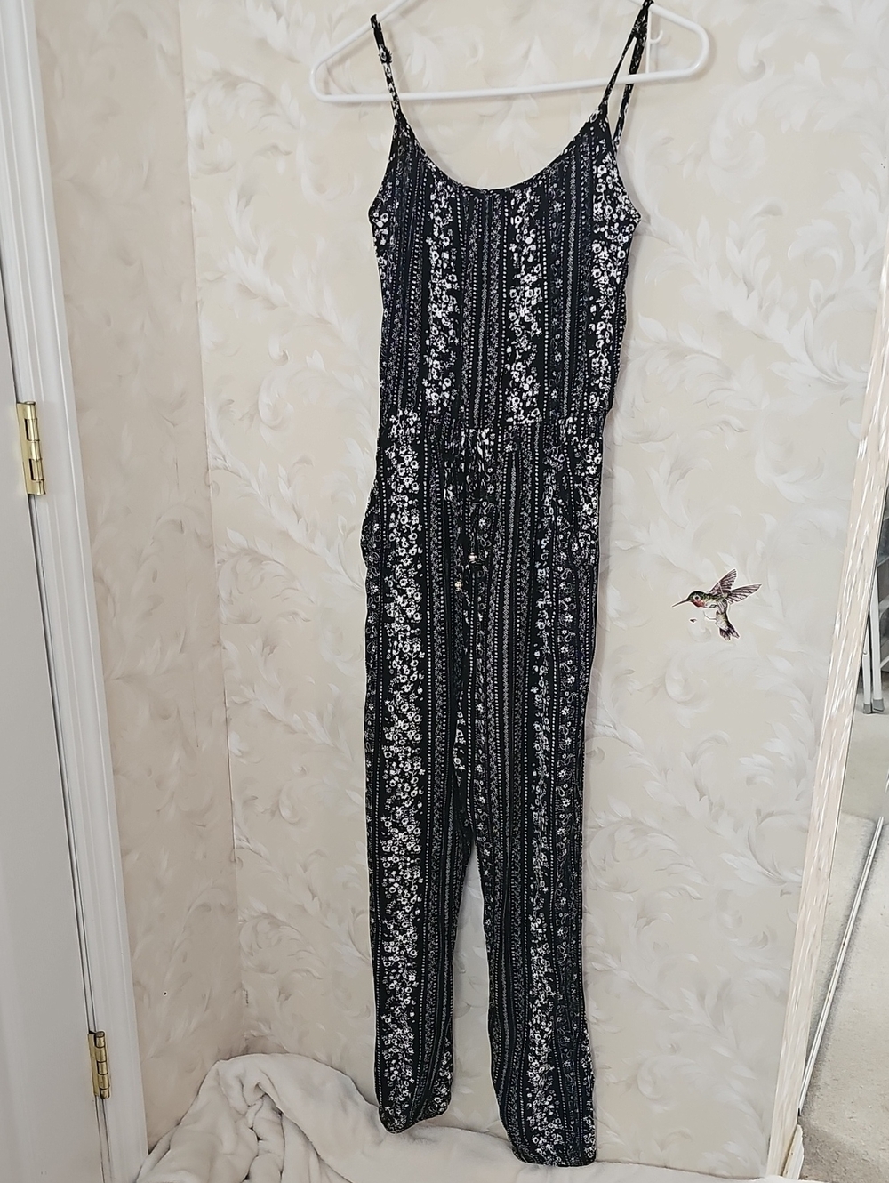 Kingston Black and White Floral Spaghetti-Strap Jumpsuit